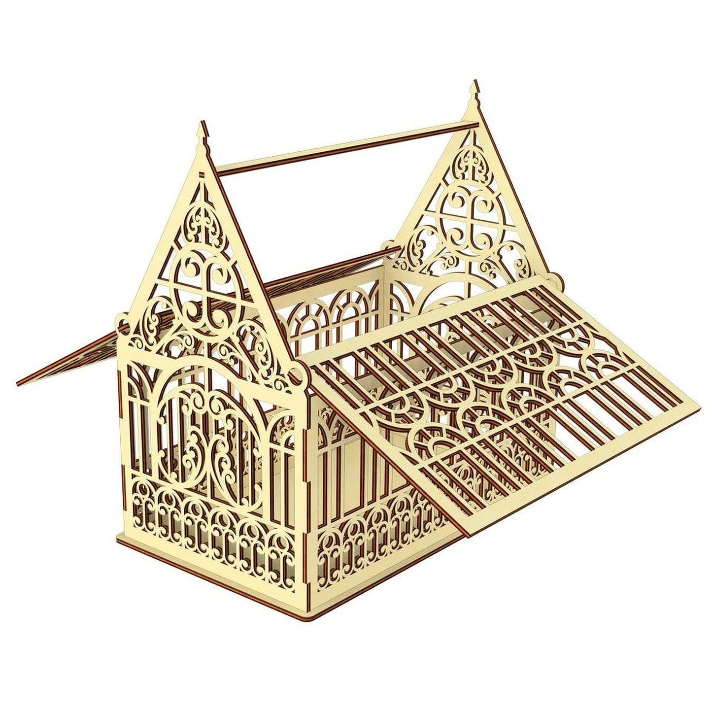 A wooden birdcage with intricate, decorative patterns and designs.