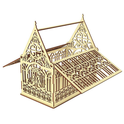 A wooden birdcage with intricate, decorative patterns and designs.