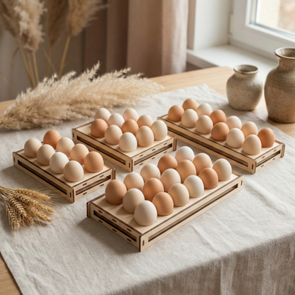 Wooden laser cut egg trays with eggs on a table with decorative elements