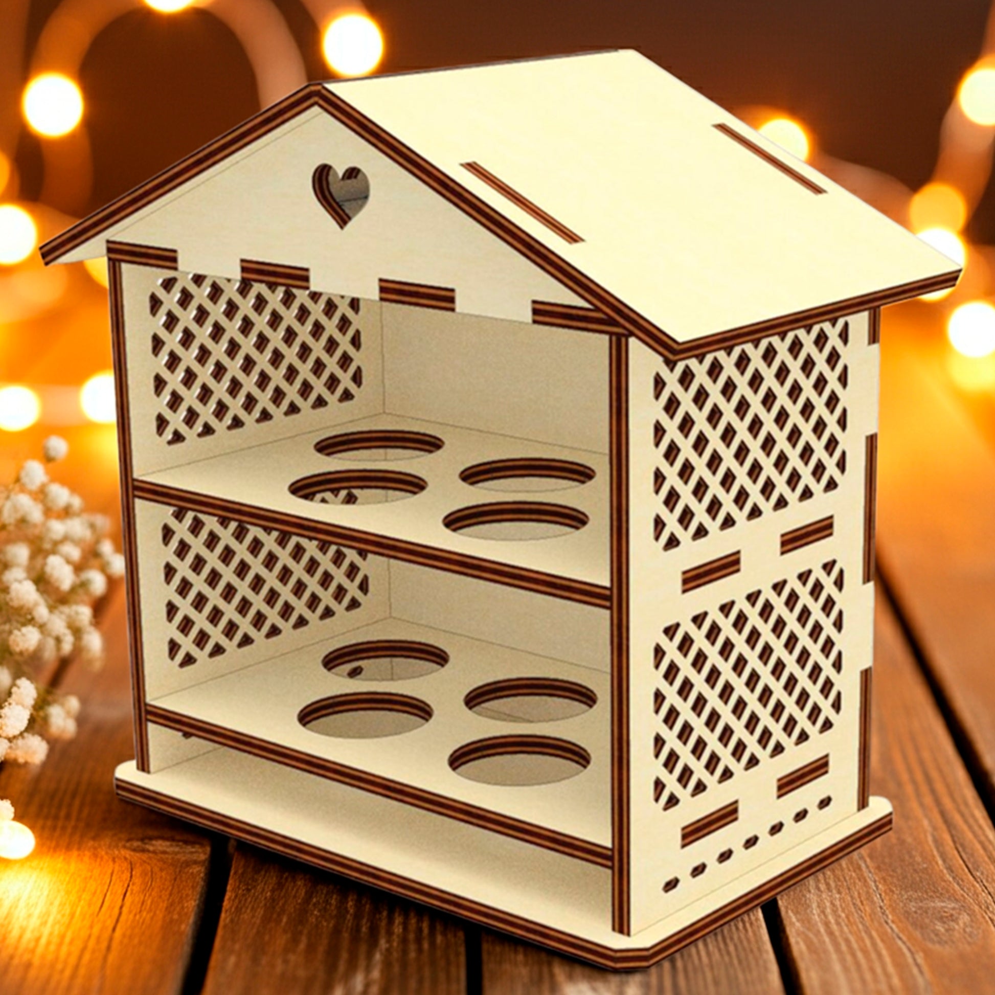Laser cut plywood wooden house-shaped Easter egg holder with lattice sides and a heart cutout on the roof, featuring two shelves with four round slots each. It rests on a rustic wooden table with baby's breath flowers and warm, blurry fairy lights in the background.