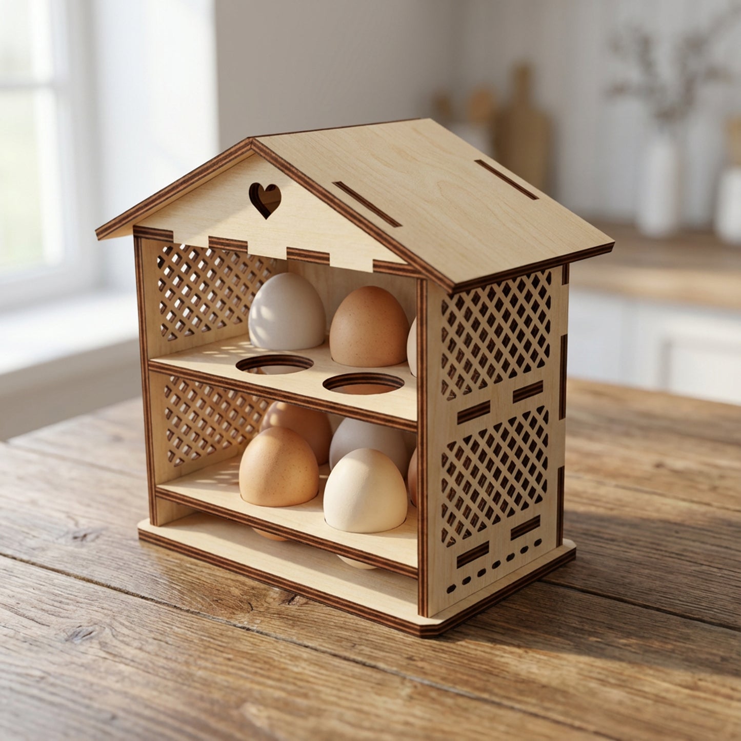 Wooden laser cut egg holder shaped like a house with eggs on a wooden surface