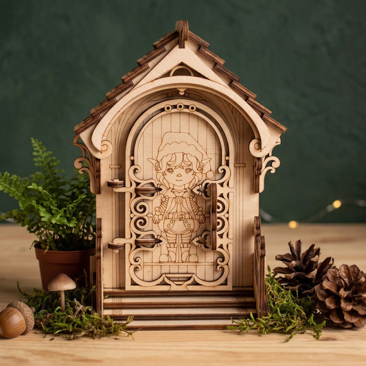 A miniature wooden fairy door miniature with an engraved elf character
