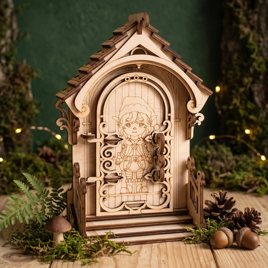 A wooden fairy elf door model with an intricately carved wooden door featuring a fairy illustration