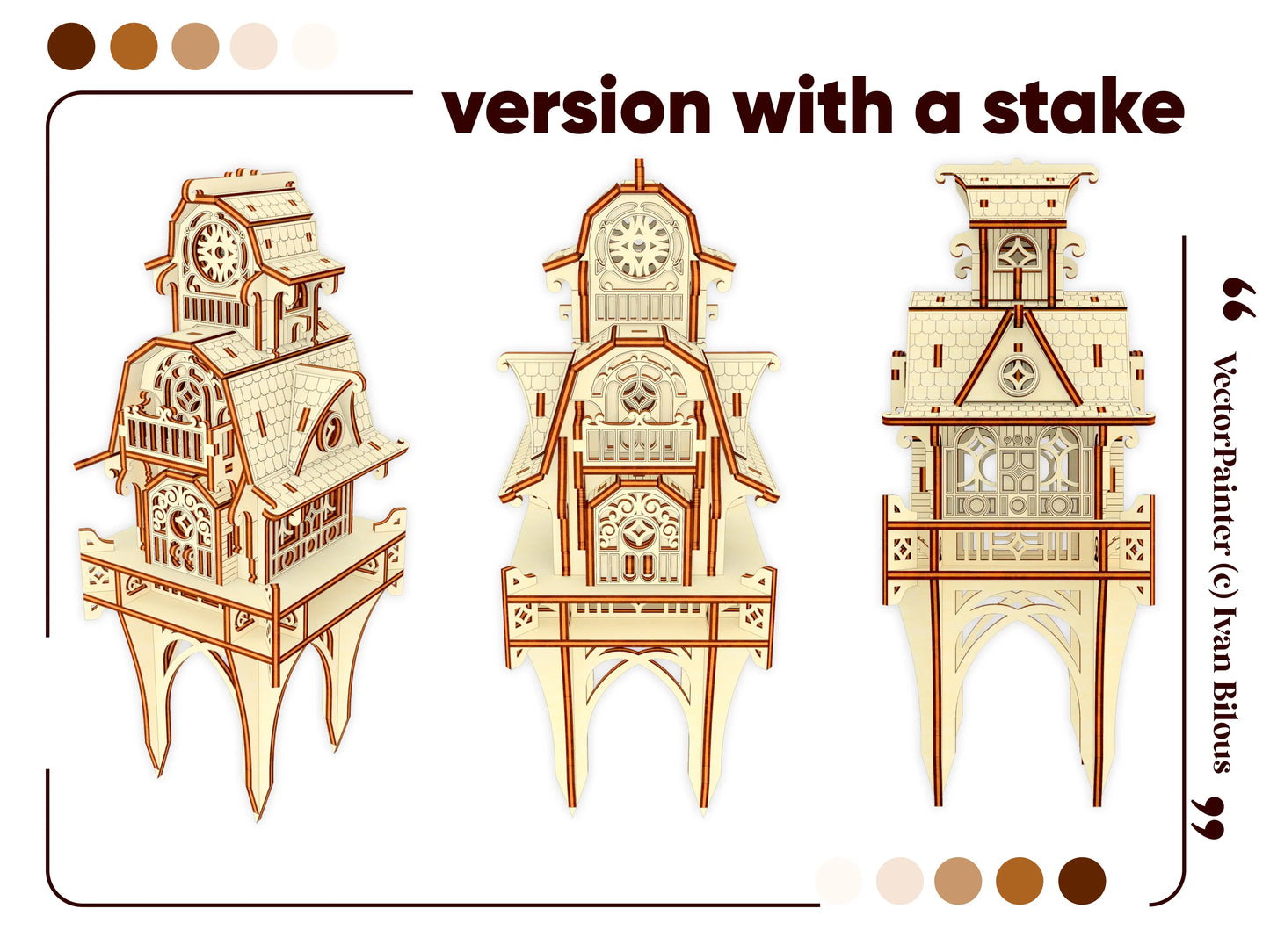 Technical graphic showing three display views of the garden stake option, constructed with laser cut plywood slots.