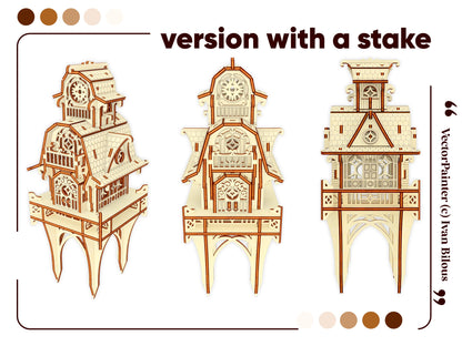 Technical graphic showing three display views of the garden stake option, constructed with laser cut plywood slots.