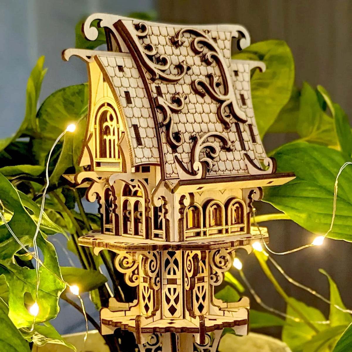 Elf house garden stake laser cut model made from plywood, designed as fairy garden decor and a miniature Christmas village house.