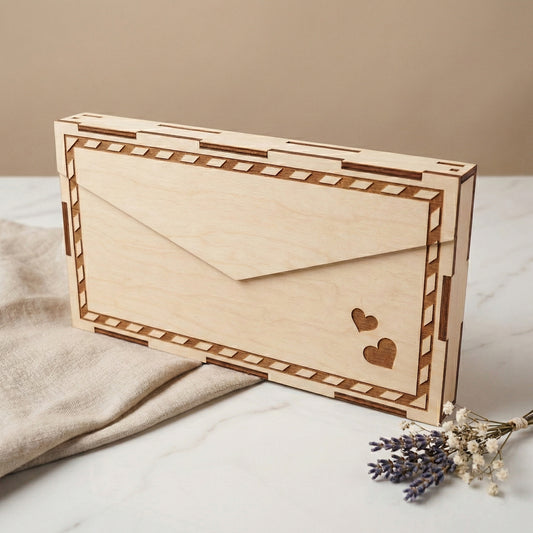 The back of a laser cut plywood envelope box standing upright. It features a pointed flap design with two small heart shapes cut out of the bottom corner. The edges show a precise finger-joint construction with dark scorched detailing.