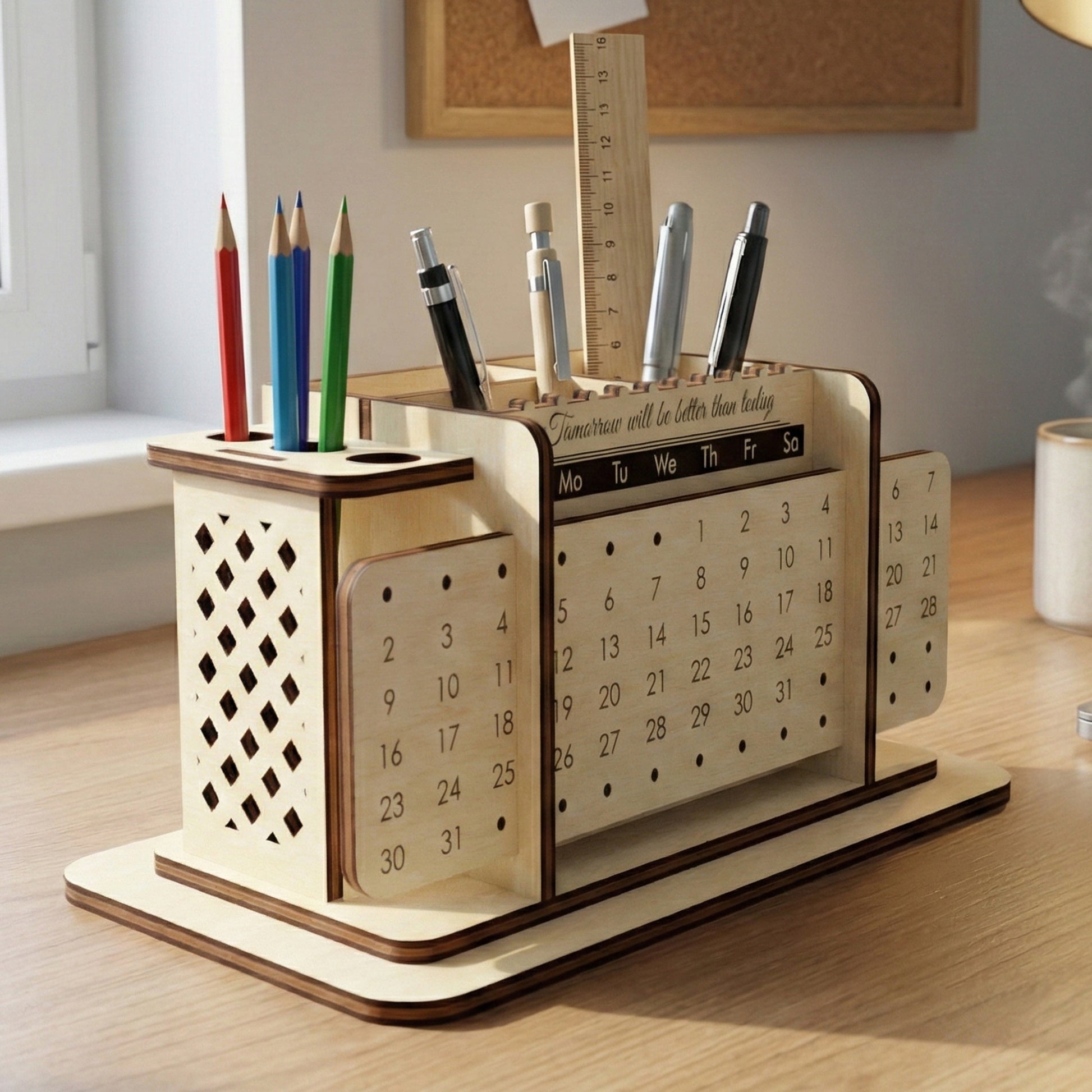 Side angle of a laser cut plywood perpetual calendar and stationery holder. Close-up shows decorative lattice cutouts on the side and the engraved phrase "Tomorrow will be better than today." Filled with pencils and pens to demonstrate scale.