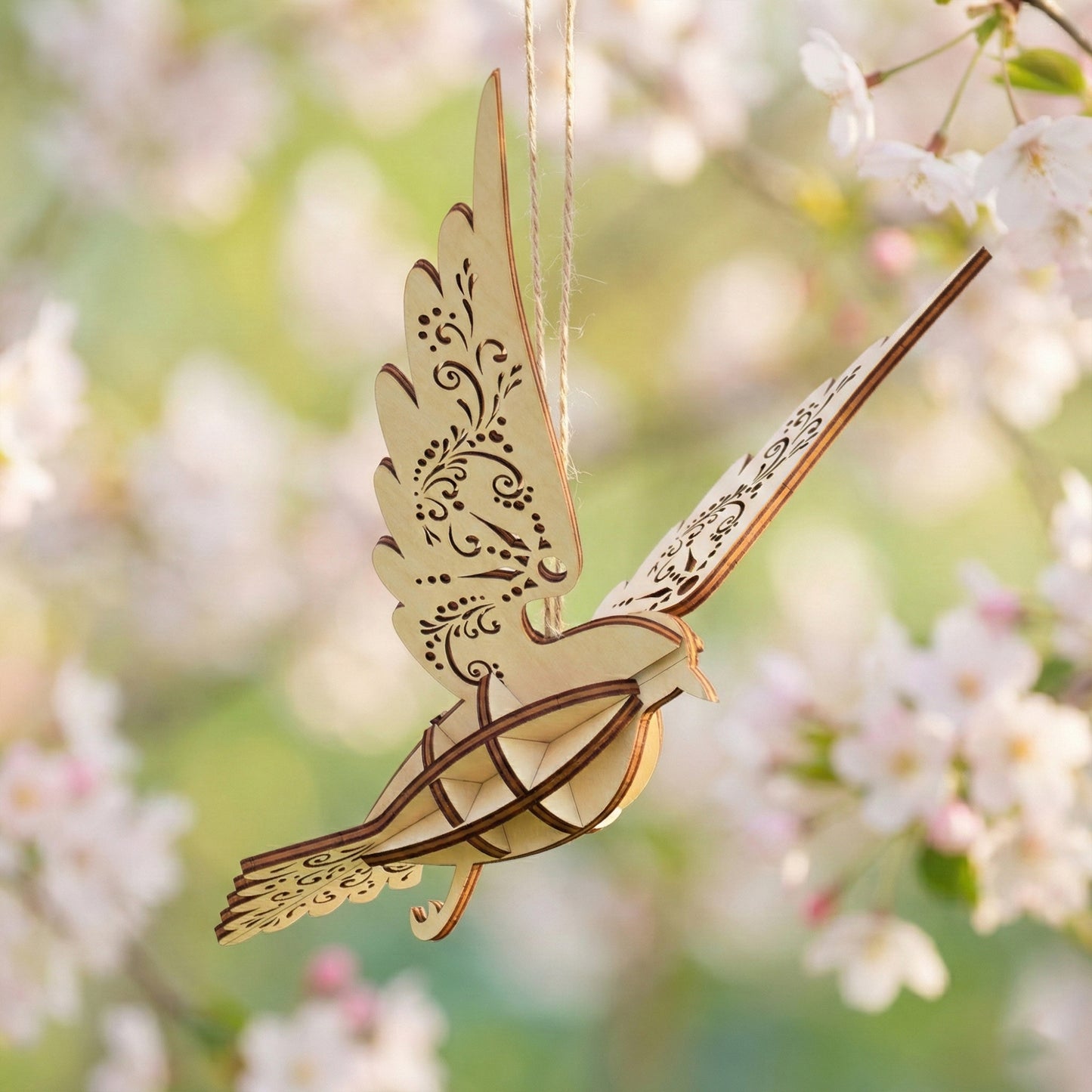 A graceful bird ornament made of laser cut plywood with elegant floral swirl engravings on its wings. Hanging by a twine string among pink apple blossoms. The 3D wooden body shows precise interlocking construction and natural wood textures.