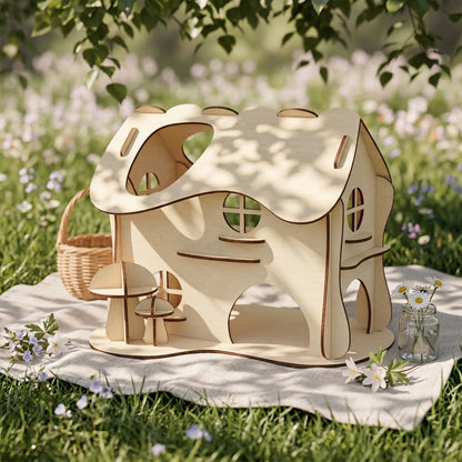 Whimsical fairy dollhouse made of laser cut plywood with a wavy, organic roof. Features round windows and mushroom-shaped wooden details on the base. Posed on a light blanket in a sunny garden with a small wicker basket nearby.
