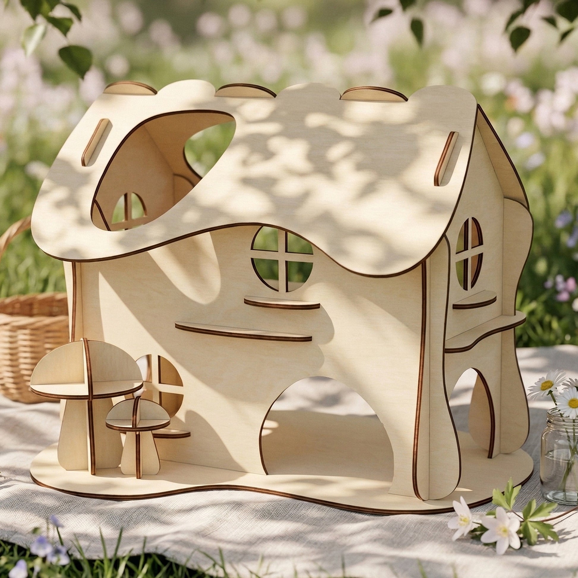 Whimsical fairy dollhouse made of laser cut plywood with a wavy, organic roof. Features round windows and mushroom-shaped wooden details on the base. Posed on a light blanket in a sunny garden with a small wicker basket nearby.
