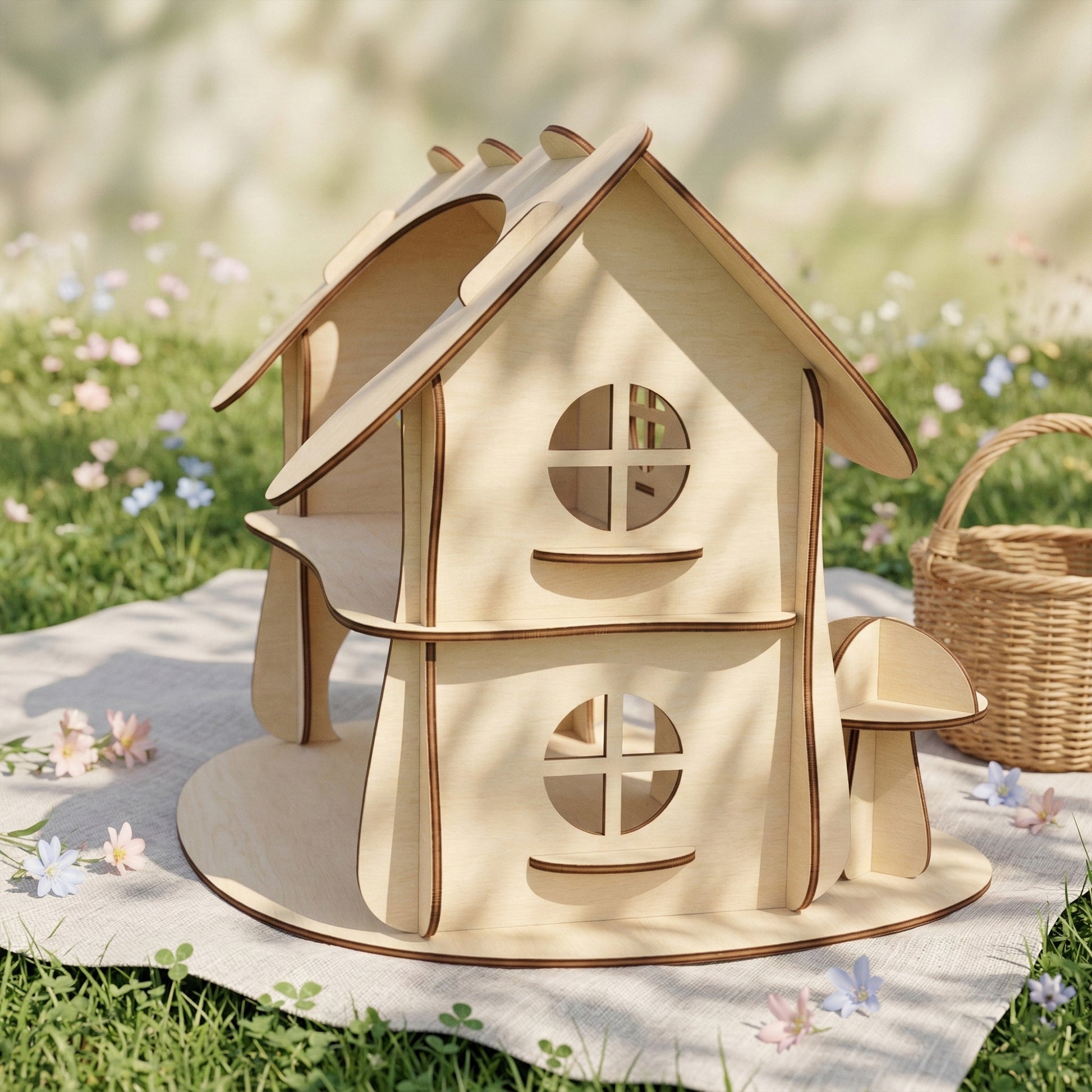 Side angle of an organic fairy house kit in laser cut plywood. Shows the layered construction of the curved roof and two floors with cross-shaped window cutouts. Natural light wood finish with contrasting dark laser-cut edges.