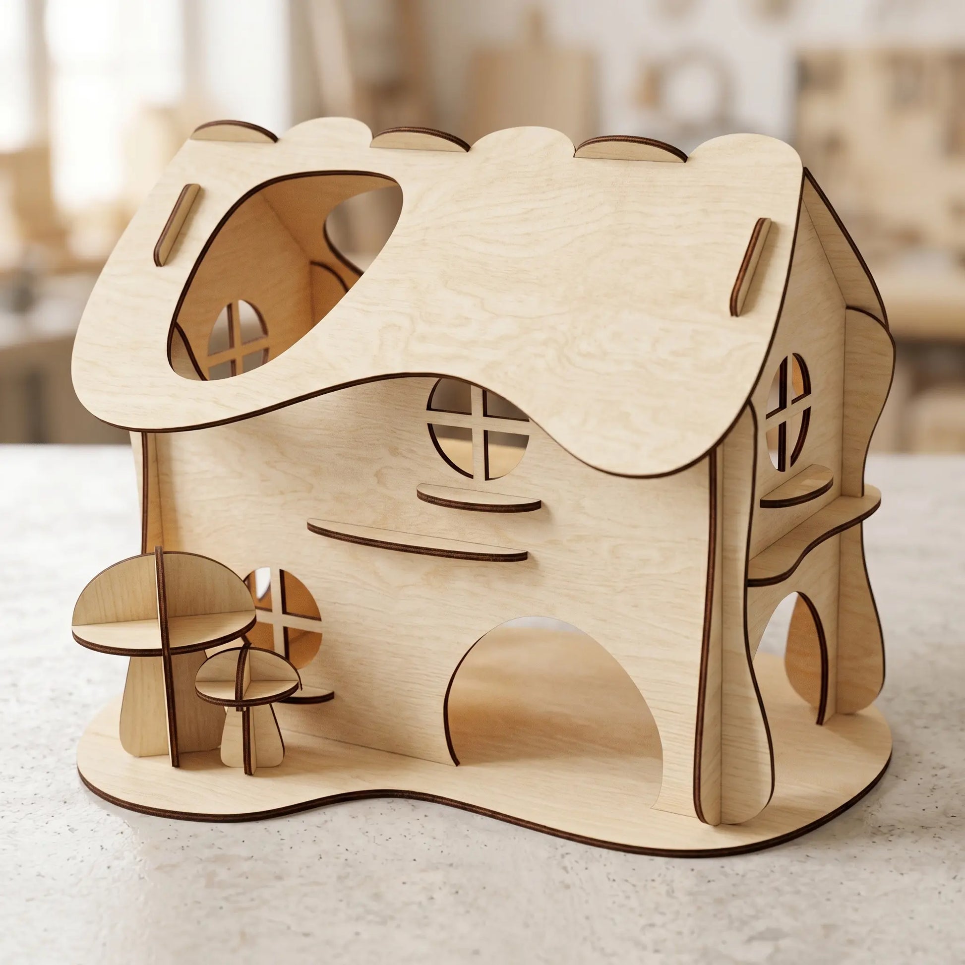 Wooden laser cut  model of a house on a light surface with a blurred background
