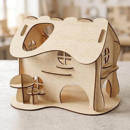 Wooden laser cut  model of a house on a light surface with a blurred background