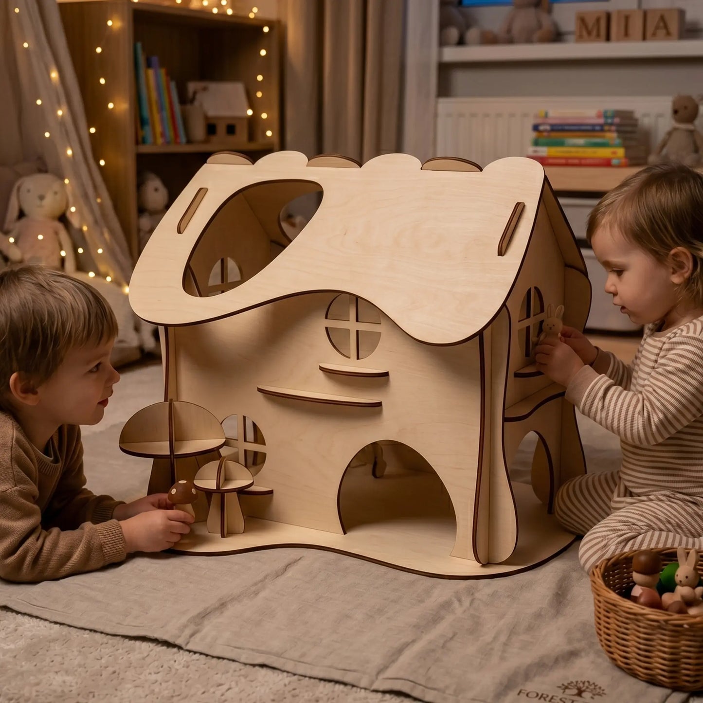 Two children playing with a laser cut wooden toy house in a cozy room.