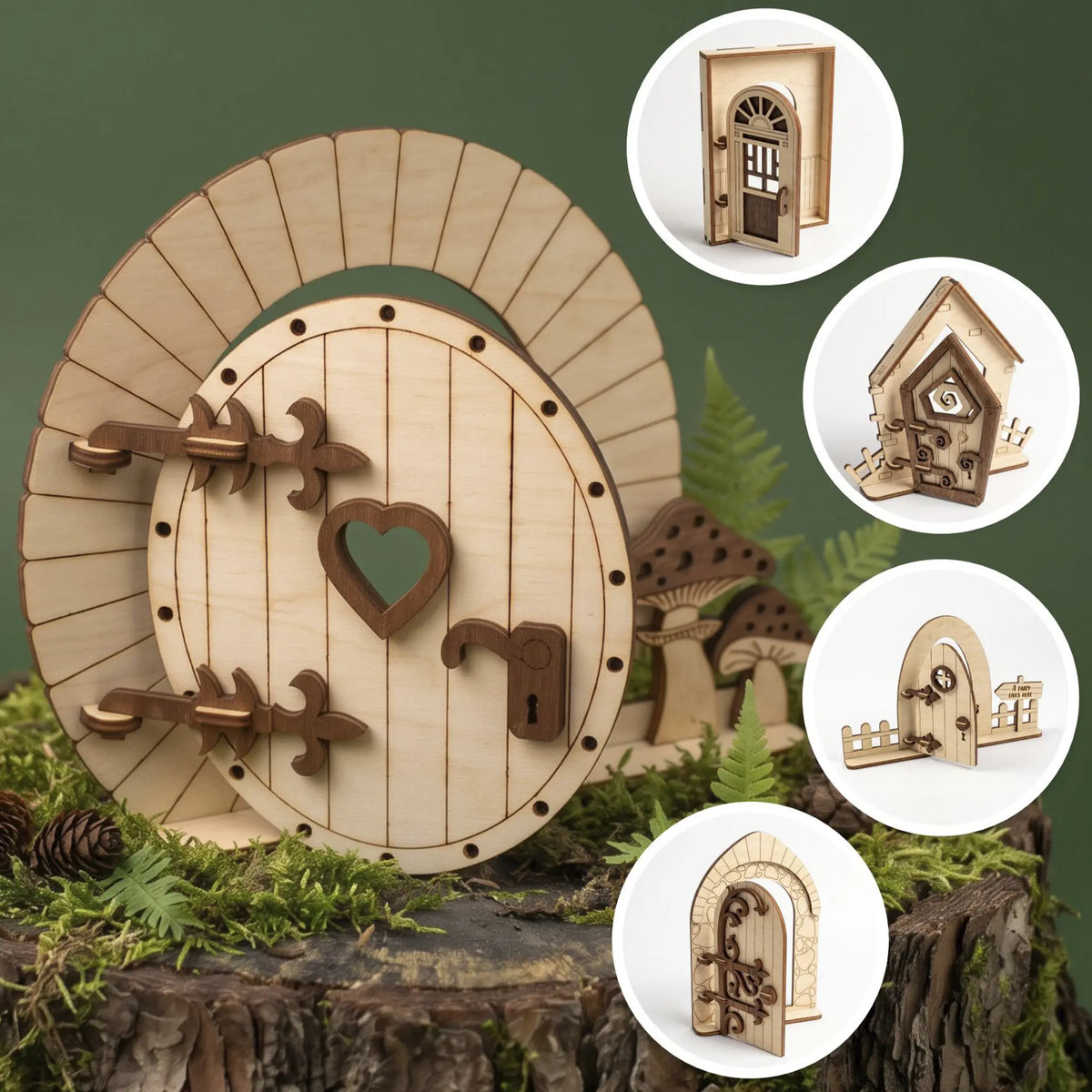 Collage featuring round hobbit laser cut plywood fairy door and thumbnail previews of alternative fairy door designs in set.