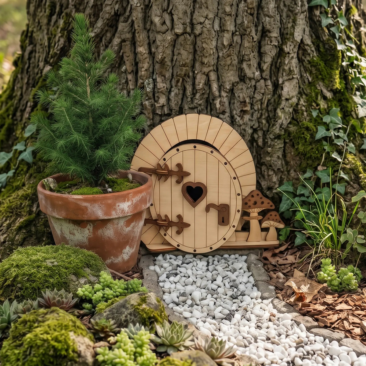 Round hobbit laser cut plywood fairy door model placed at base of mossy tree trunk with stone pathway and potted pine tree.