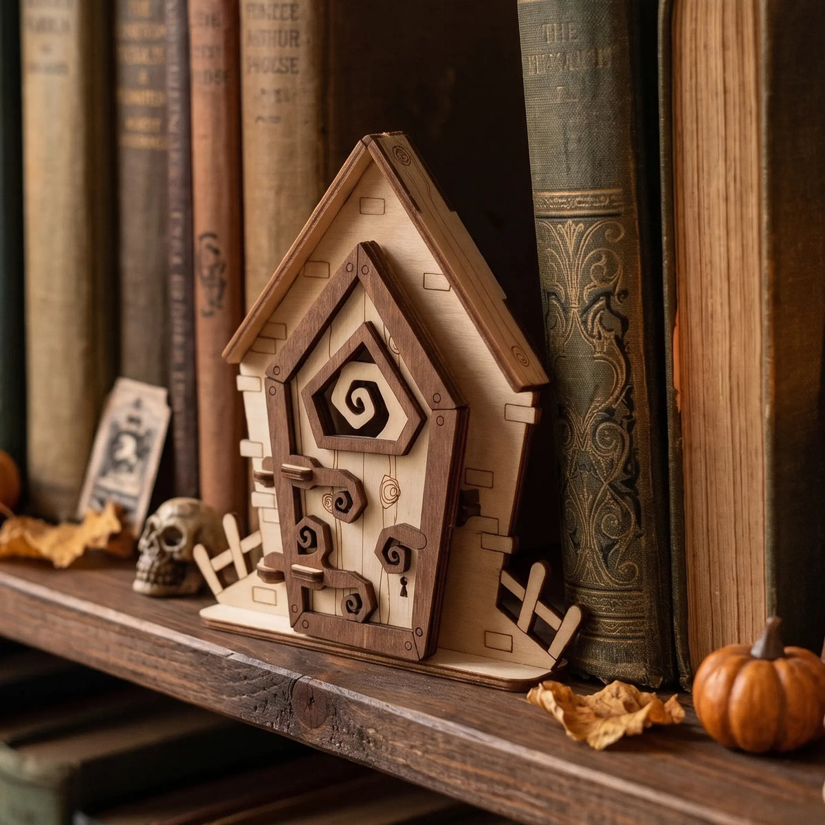 Rustic fantasy laser cut plywood fairy door set displayed on wooden bookshelf between antique book spines and small pumpkin.