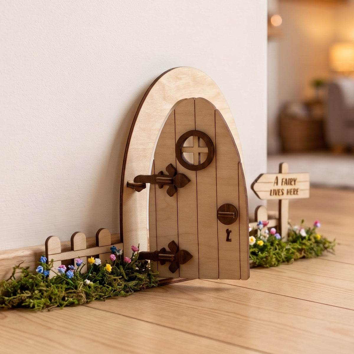 Open laser cut plywood fairy door set with picket fence, moss, tiny flowers, and sign against white baseboard and wood floor.