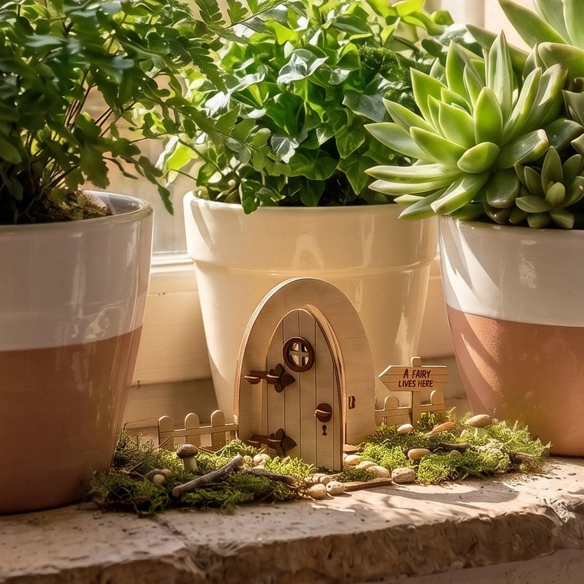 Standing laser cut plywood fairy door set with picket fence on mossy windowsill between ceramic pots with indoor plants.