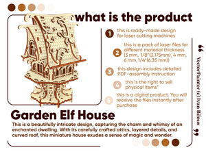 Laser cut plan for the Garden Elf House: intricate details and layered design