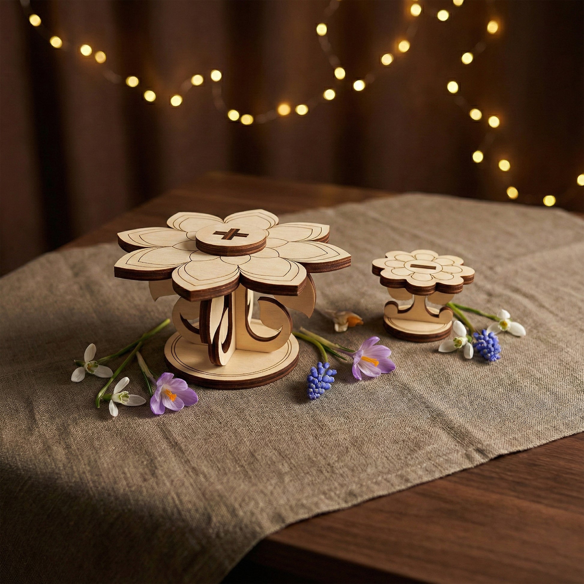 Two flower-shaped miniature tables made of laser cut plywood. The large table and small stool feature intricate petal designs. Shown with real purple and white spring flowers to demonstrate the tiny scale of the furniture.