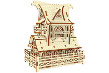 Load image into Gallery viewer, Intricately designed laser cut plan for crafting a Garden Gnome House wooden model with intricate windows and doors.
