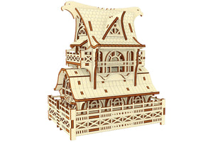 Intricately designed laser cut plan for crafting a Garden Gnome House wooden model with intricate windows and doors.