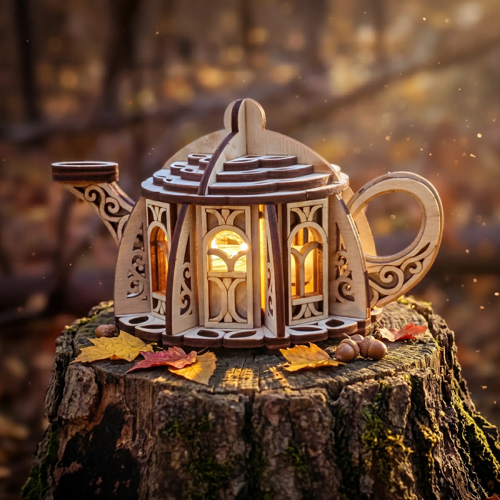 Laser cut fairy kettle house SVG file displayed as a glowing wooden teapot lantern in a forest setting, showing intricate plywood details for DIY crafting