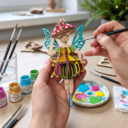 A 3D laser cut plywood fairy ornament with delicate butterfly wings and a mushroom hat, shown on a neutral background