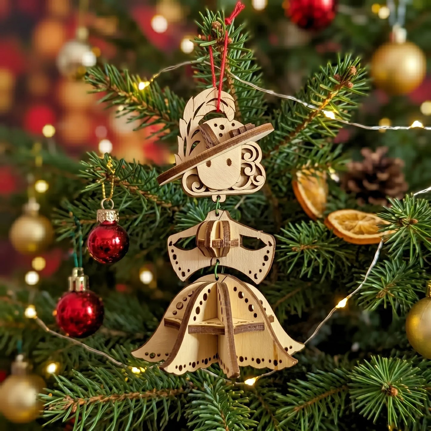 Wooden laser cut fairy ornament on a Christmas tree with lights and decorations.