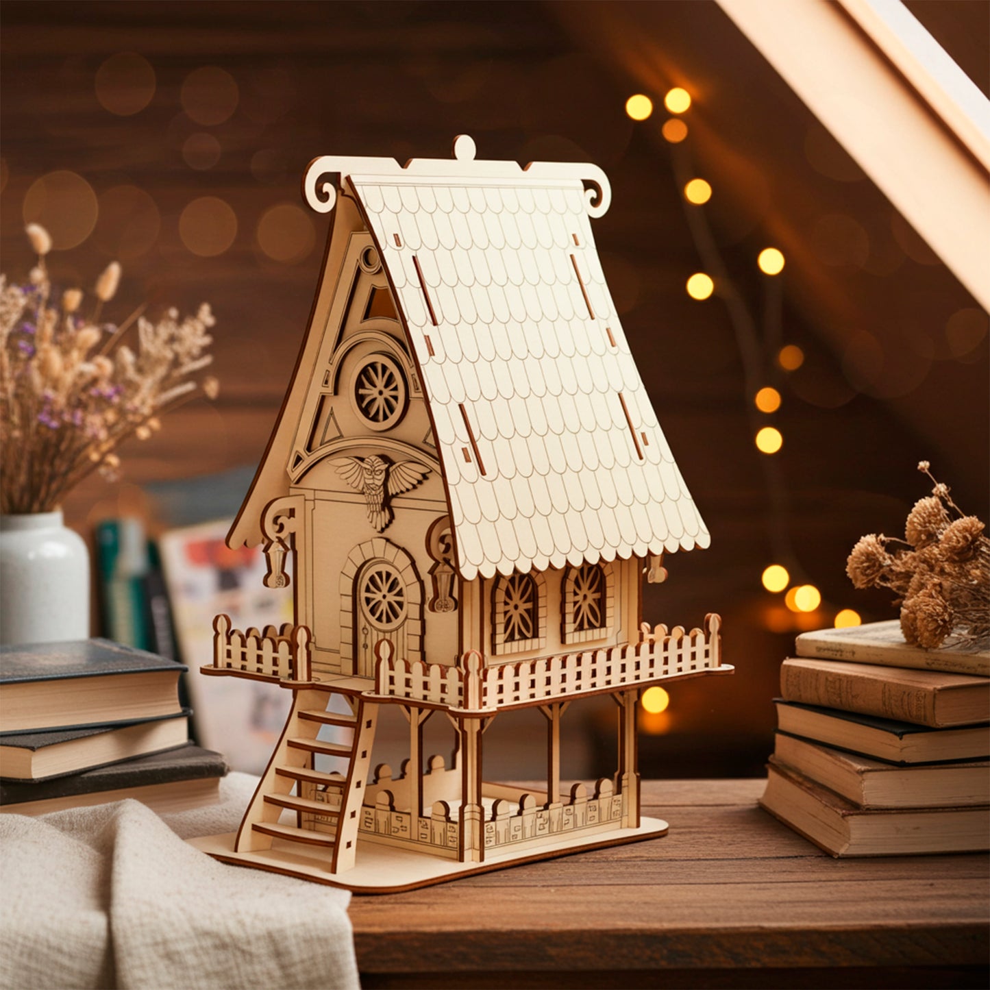Laser cut  plywood detailed wooden fairy house or owl cottage model with a shingled roof, bird carving, and front balcony. The miniature house is placed on a wooden attic table surrounded by stacked vintage books and warm fairy lights.