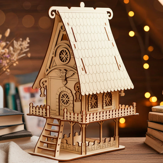 Laser cut  plywood detailed wooden fairy house or owl cottage model with a shingled roof, bird carving, and front balcony. The miniature house is placed on a wooden attic table surrounded by stacked vintage books and warm fairy lights.