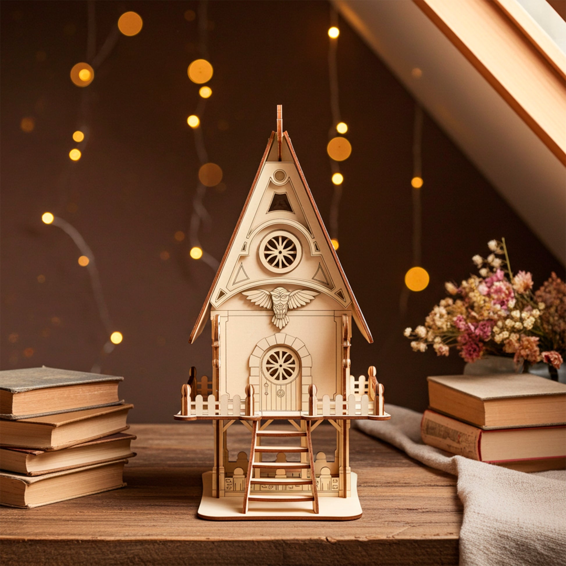 Laser cut  plywood detailed wooden fairy house or owl cottage model with a shingled roof, bird carving, and front balcony. The miniature house is placed on a wooden attic table surrounded by stacked vintage books and warm fairy lights.