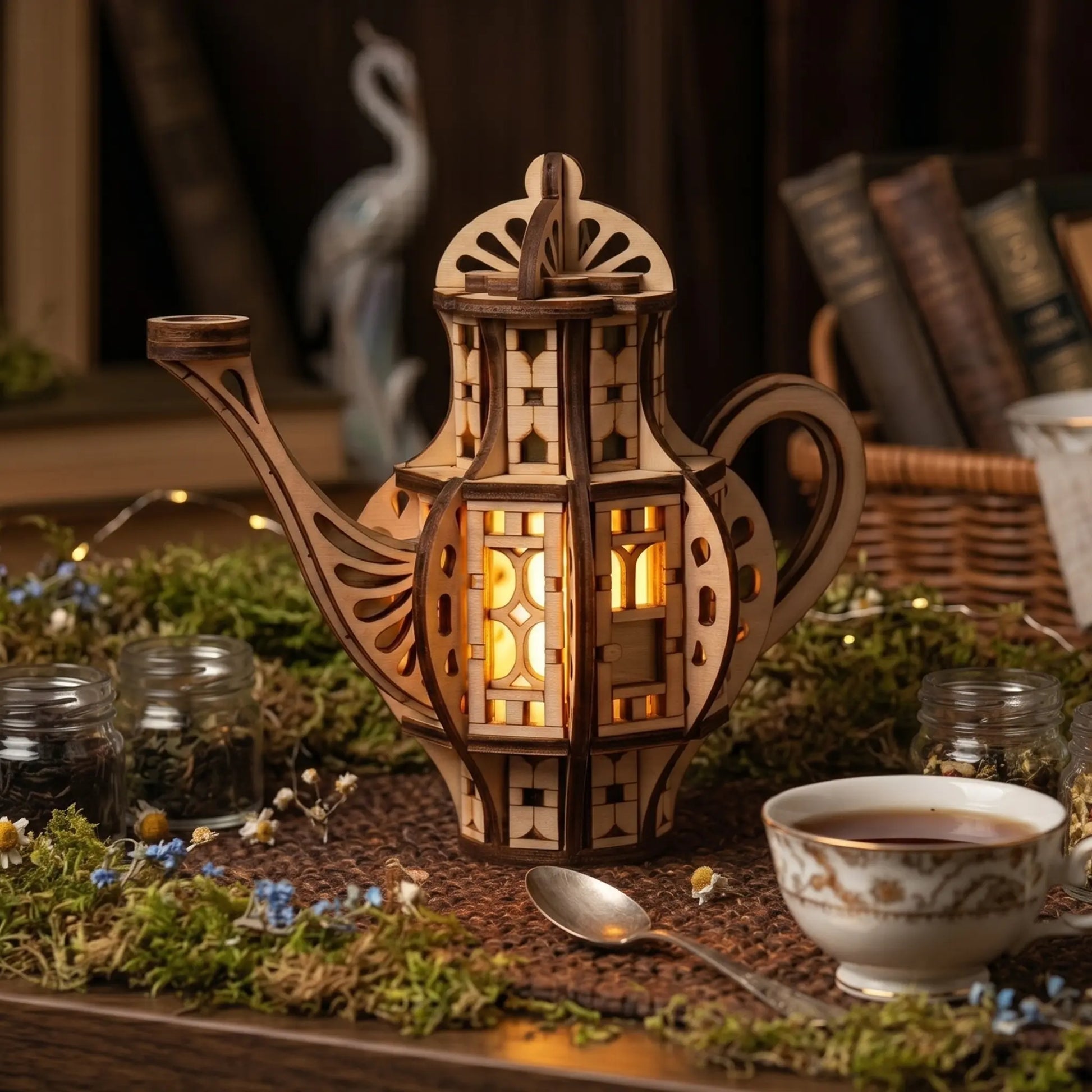 Glowing wooden teapot fairy house with LED lights inside, styled as whimsical cottagecore shelf decor with moss, tea cup, books, and dried flowers.