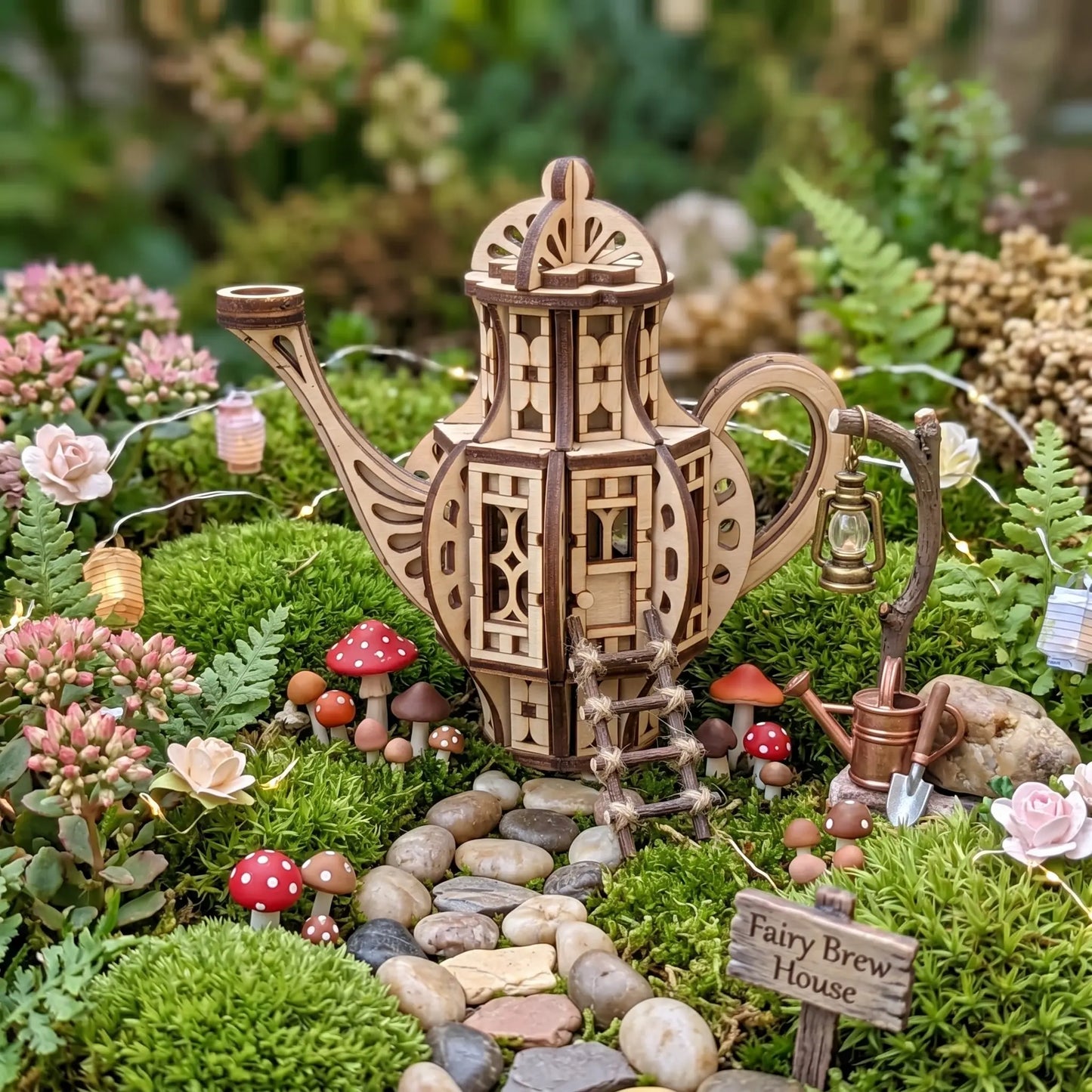 Miniature teapot fairy house laser cut design displayed in a magical fairy garden scene with moss, mushrooms, flowers, stones, and tiny garden accessories.
