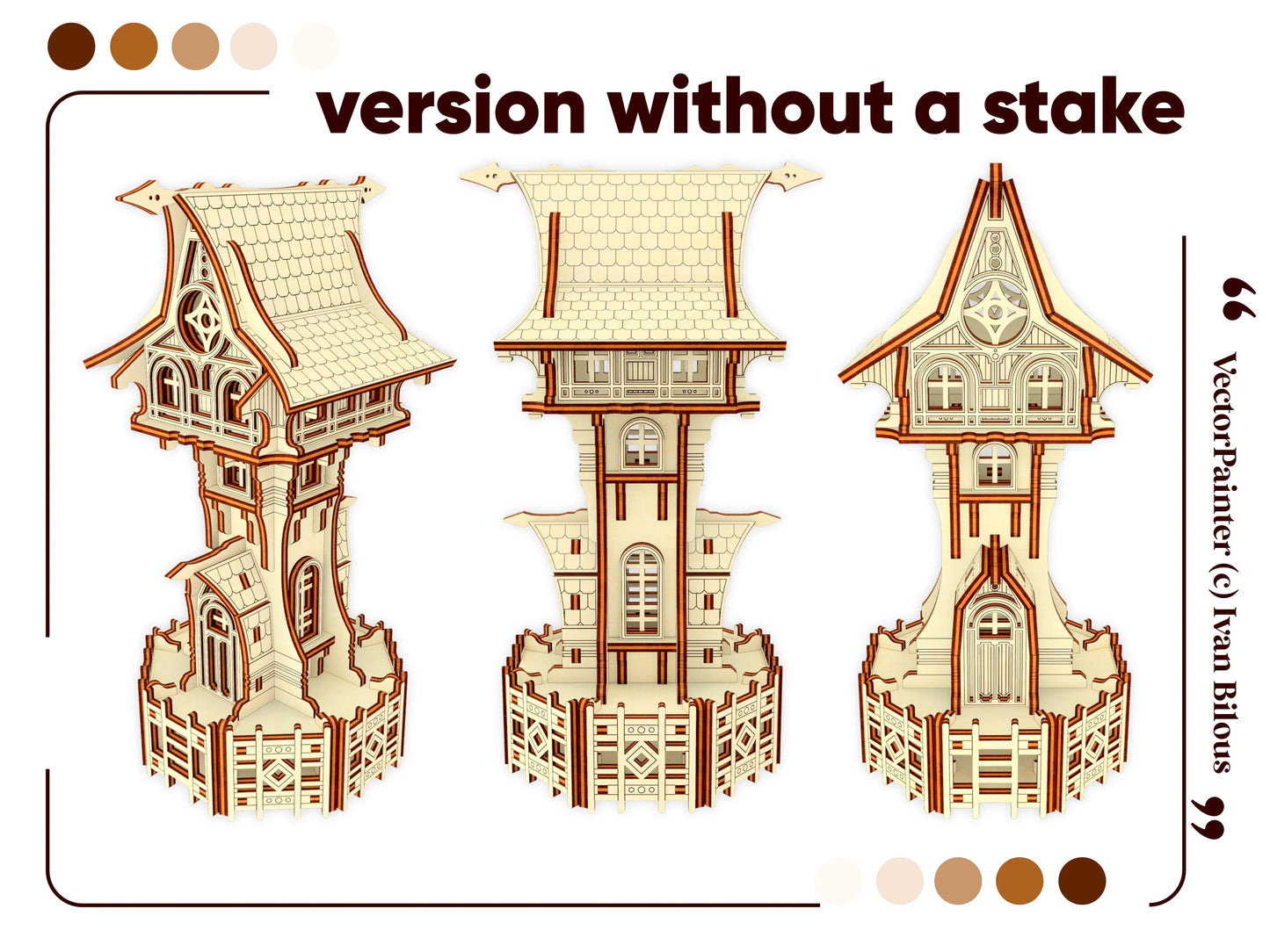 Front, side, and back views of a miniature fairy tower model crafted from detailed laser cut plywood.