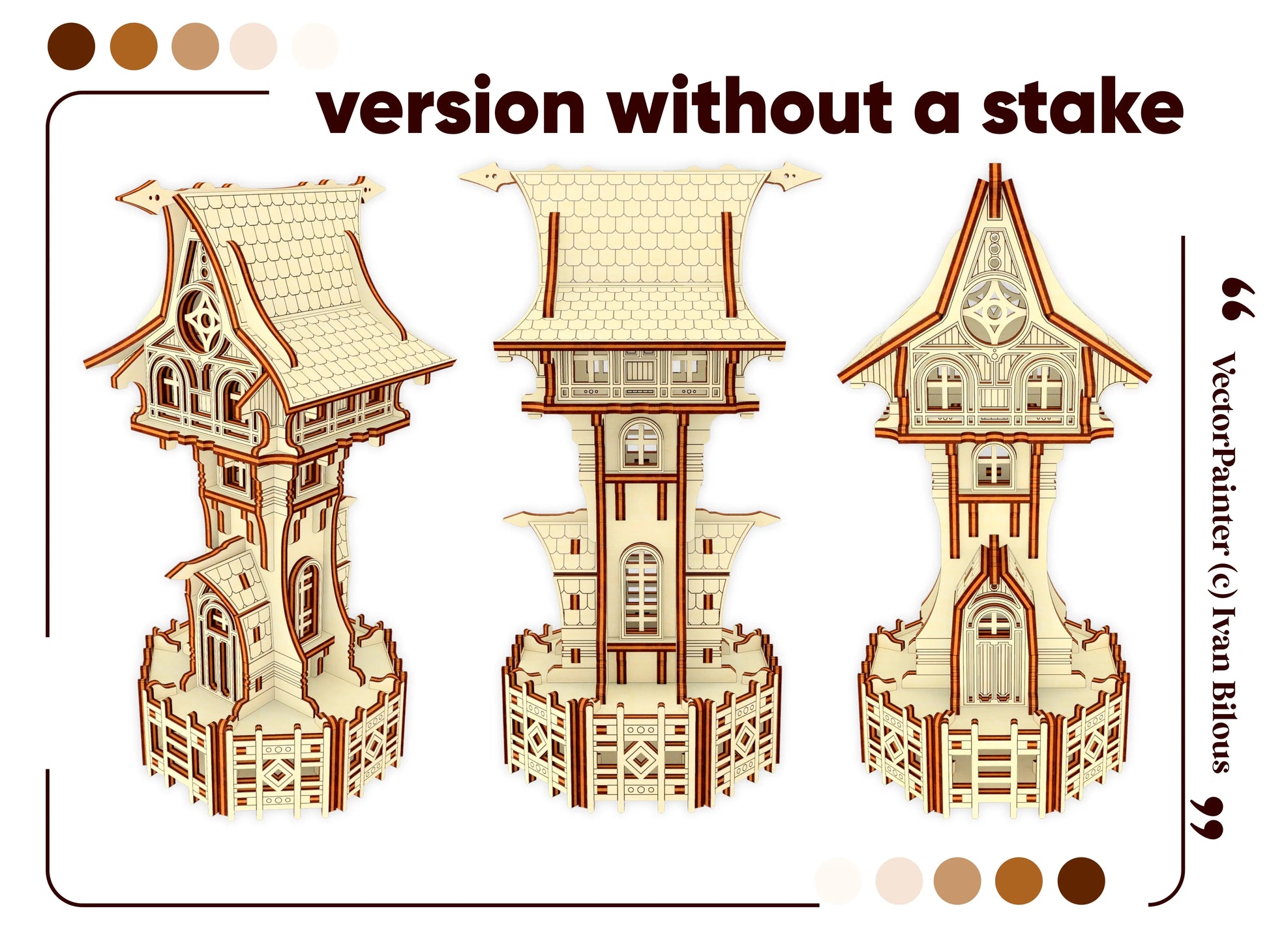 Front, side, and back views of a miniature fairy tower model crafted from detailed laser cut plywood.