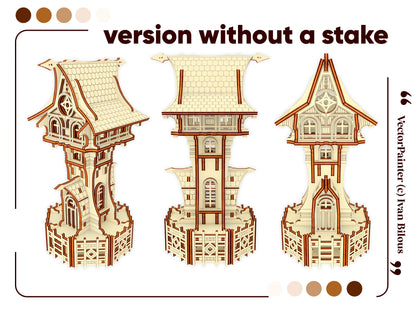 Front, side, and back views of a miniature fairy tower model crafted from detailed laser cut plywood.