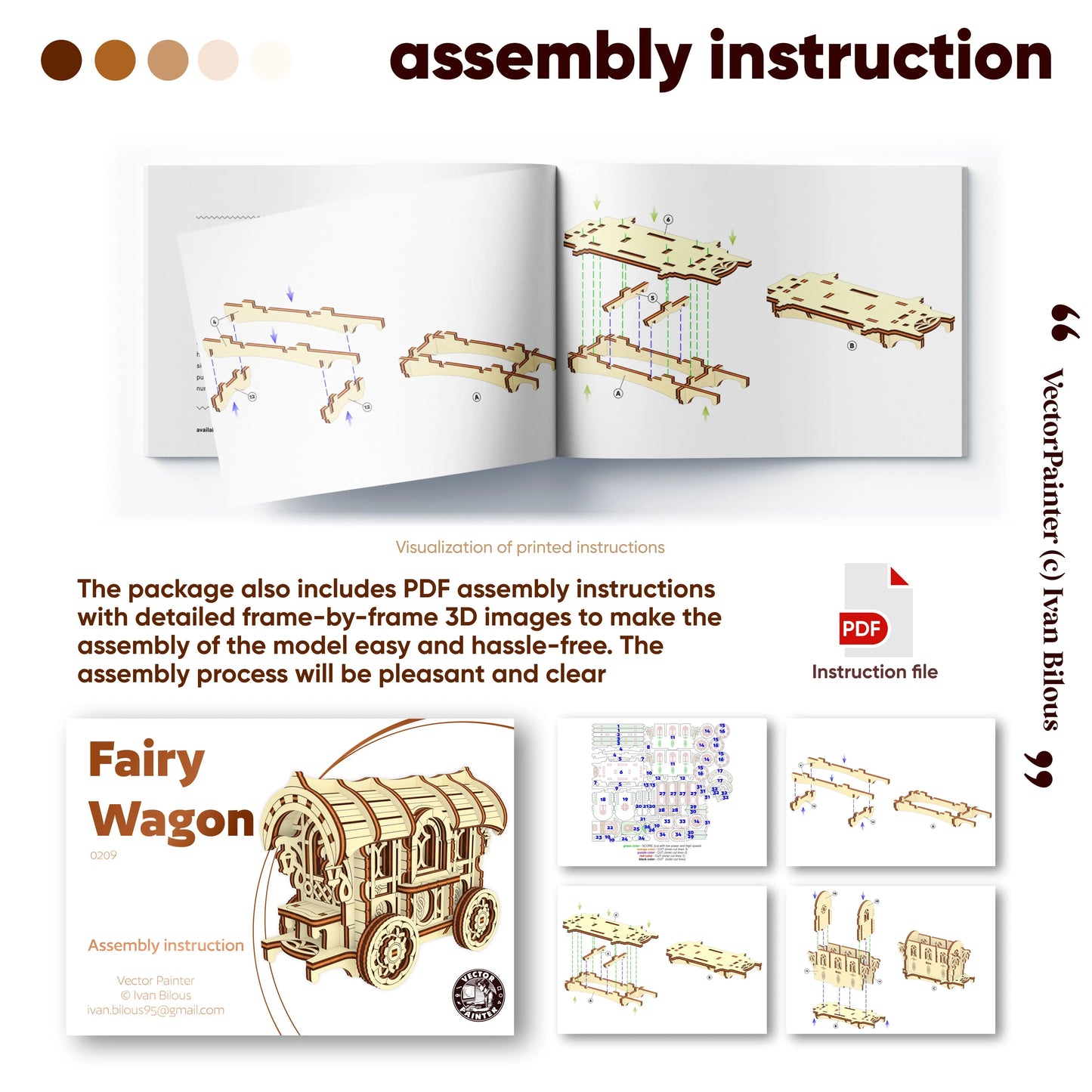Instruction sheet and cover for assembling a wooden model wagon, showing step-by-step diagram views