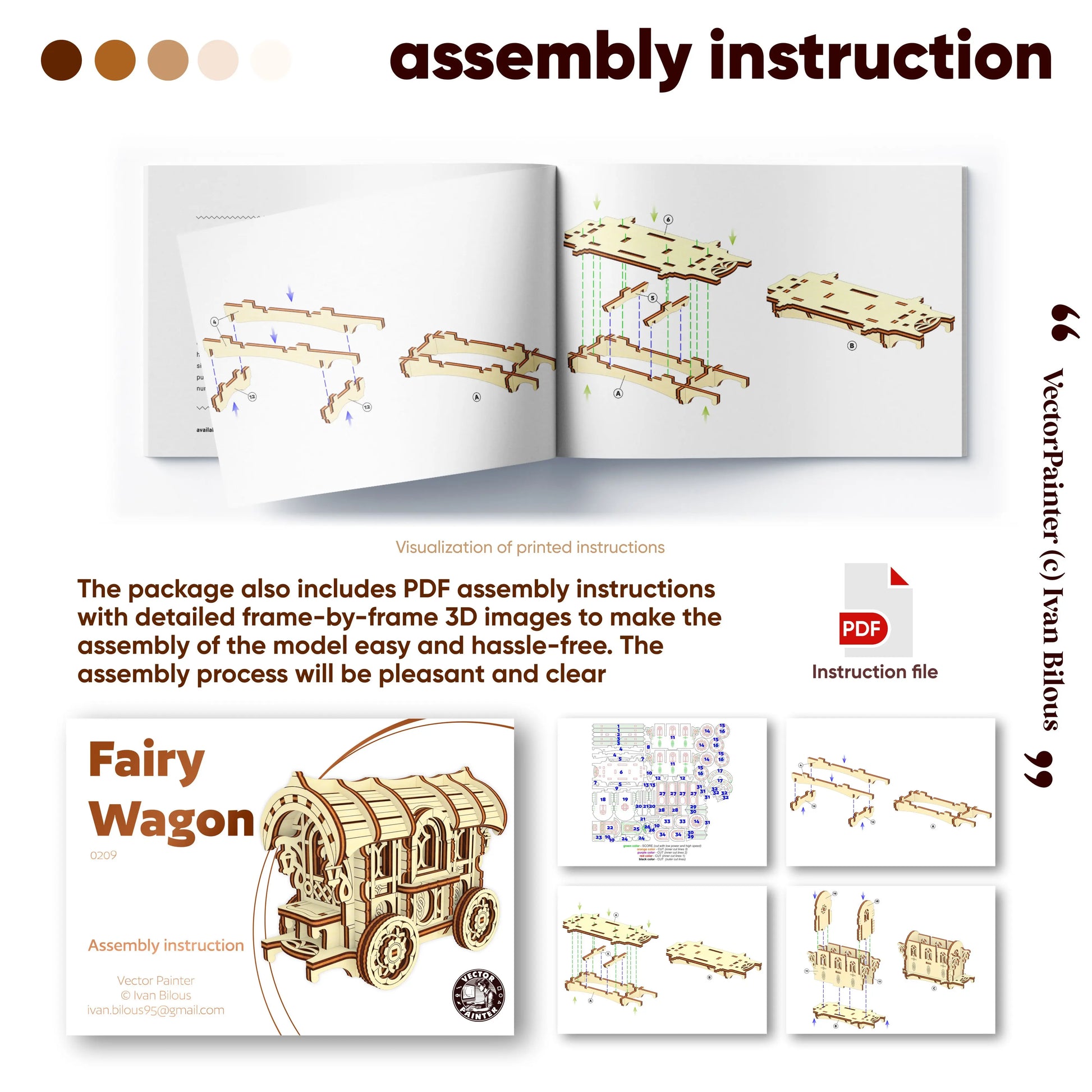 Instruction sheet and cover for assembling a wooden model wagon, showing step-by-step diagram views
