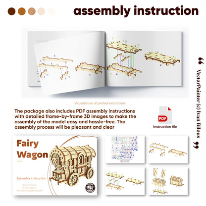 Instruction sheet and cover for assembling a wooden model wagon, showing step-by-step diagram views