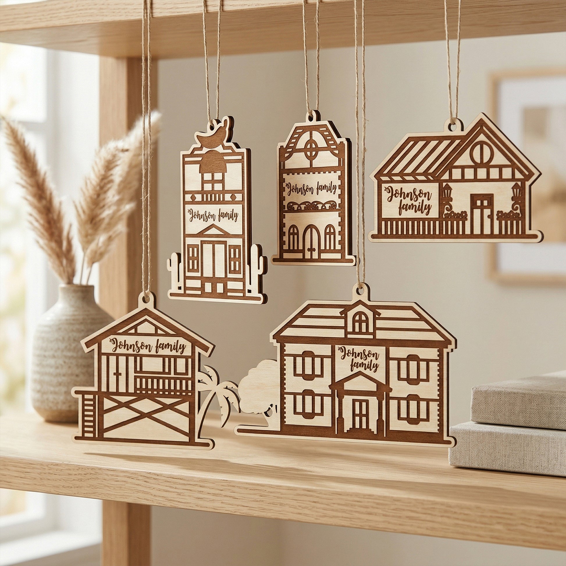 Five personalized wooden house ornaments hanging by twine strings from a shelf. The laser-cut plywood designs show various home silhouettes, each engraved with "Johnson family." Styled in a bright, modern room with minimalist decor and pampas grass.
