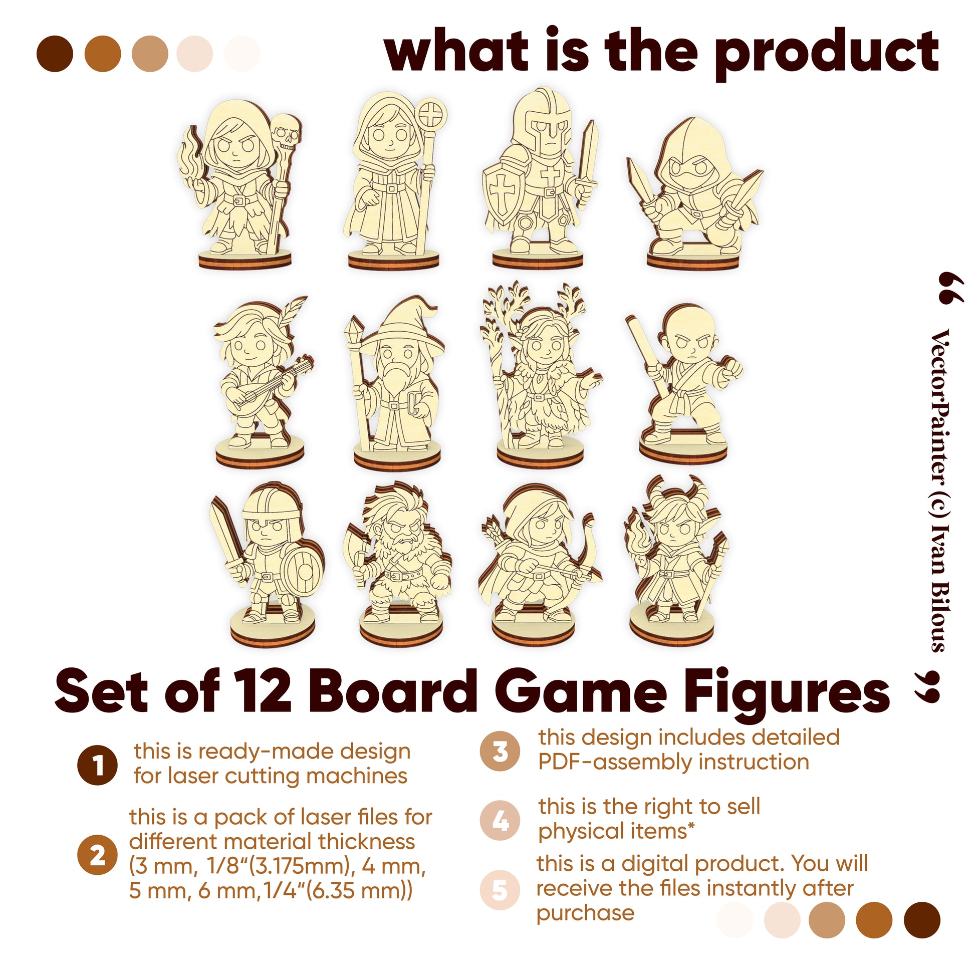 Set of 12 wooden fantasy board game figures for laser cutting, tabletop miniatures design pack overview