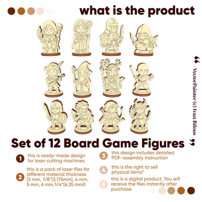 Set of 12 wooden fantasy board game figures for laser cutting, tabletop miniatures design pack overview