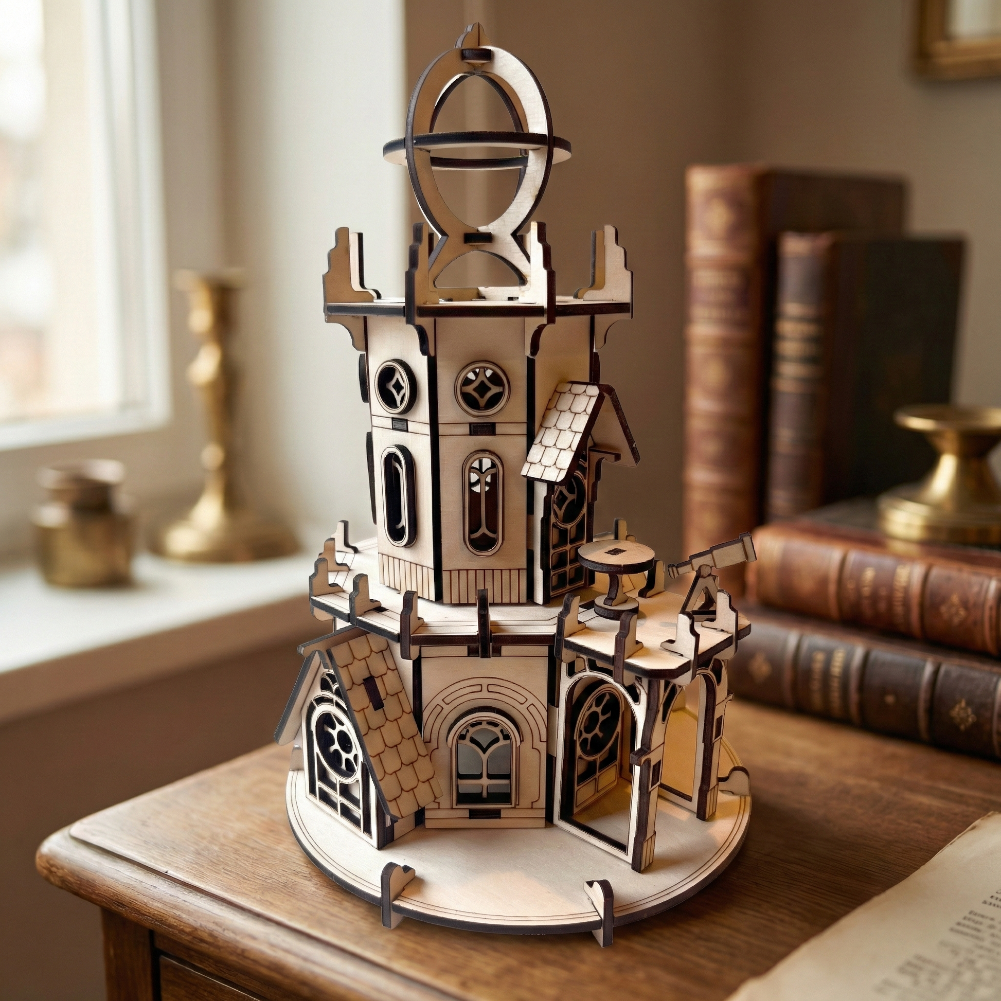 Wooden laser cut model of a clock tower on a wooden table with books in the background