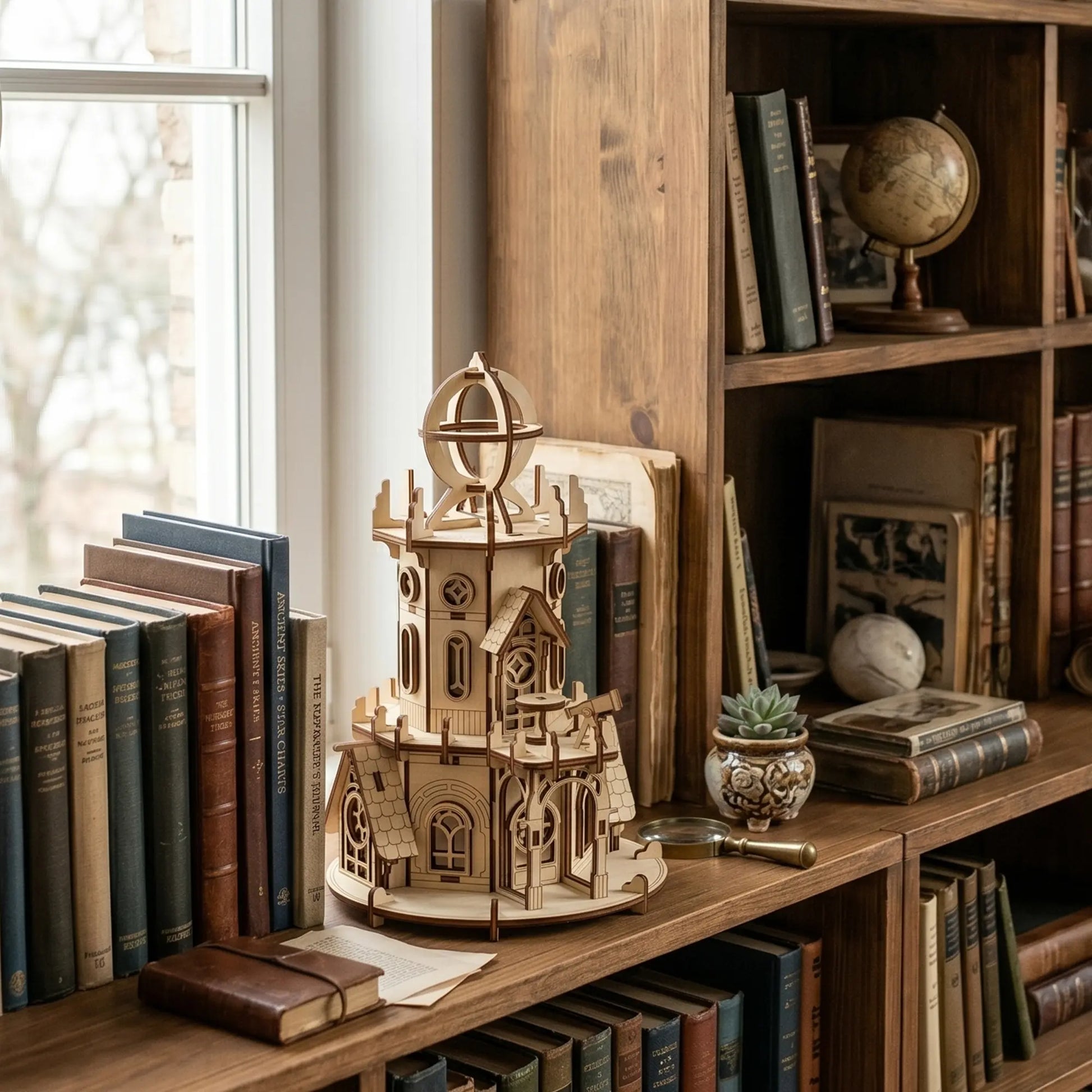 a laser cut plywood wooden bookshelf filled with various books, a wooden model castle, and a globe, creating a cozy and intellectual atmosphere.