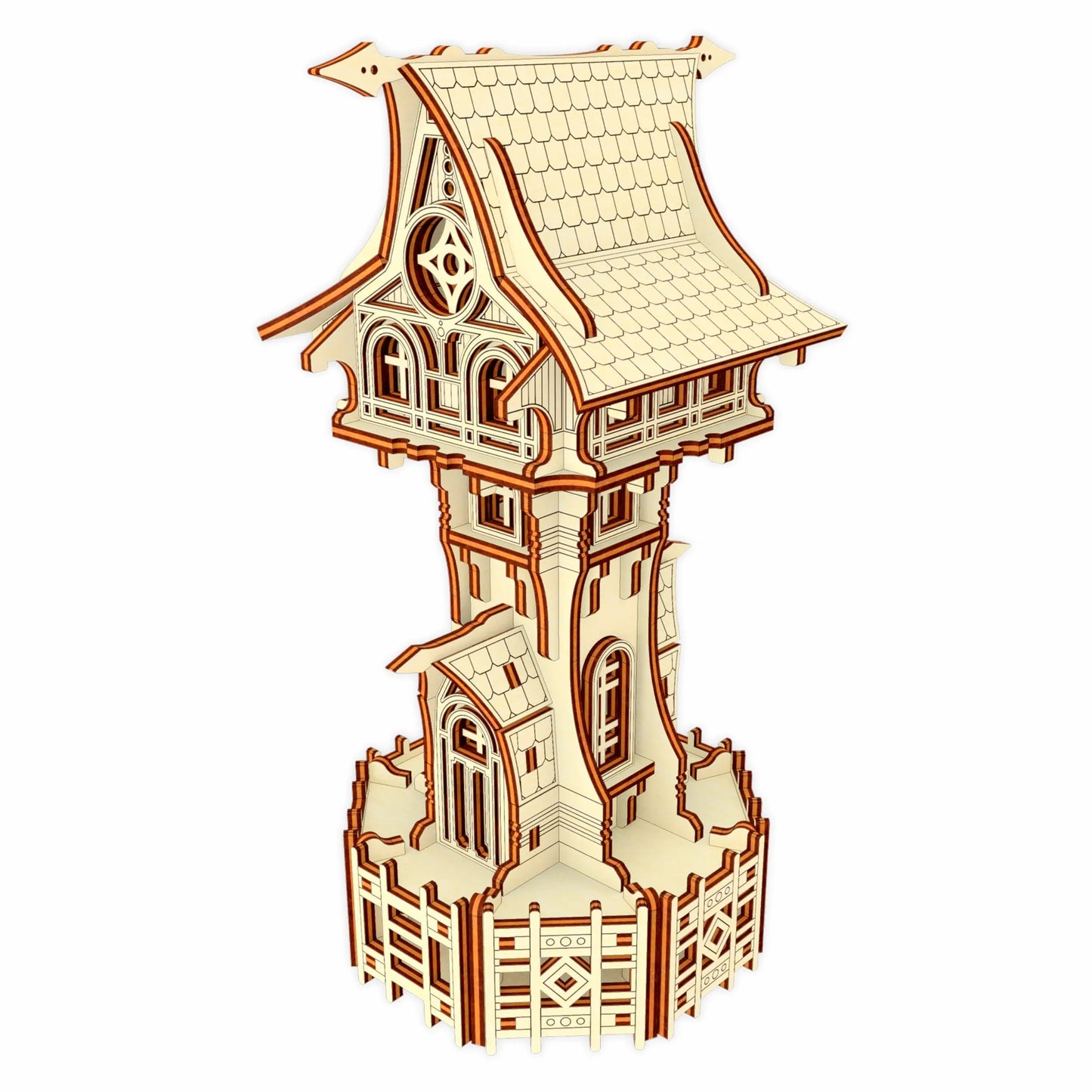 High-angle perspective view of a miniature fairy castle tower assembled from brown shaded laser cut plywood tabs.