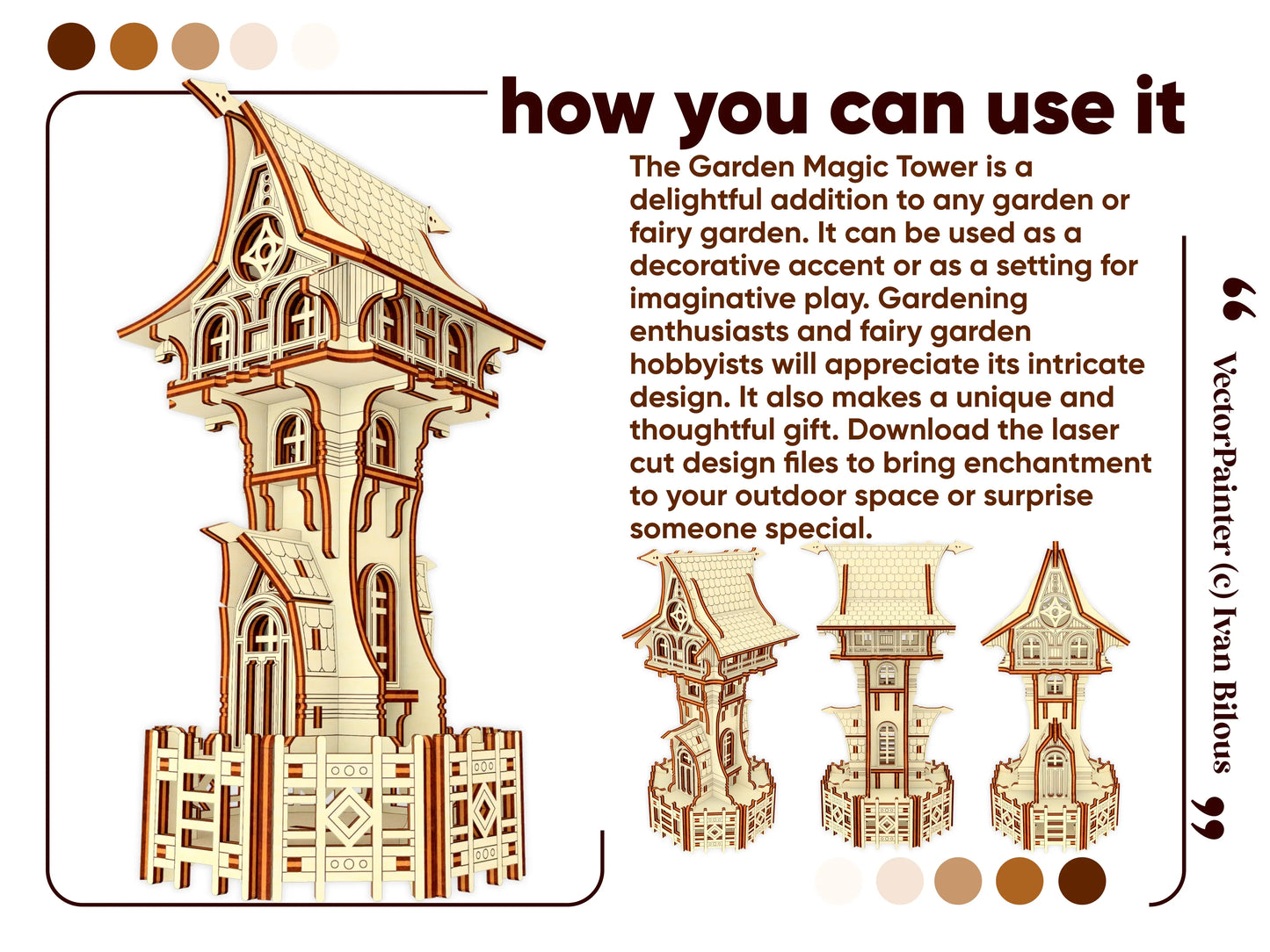 Laser cut plywood garden magic tower design with curved roof, layered windows, and small decorative fence.