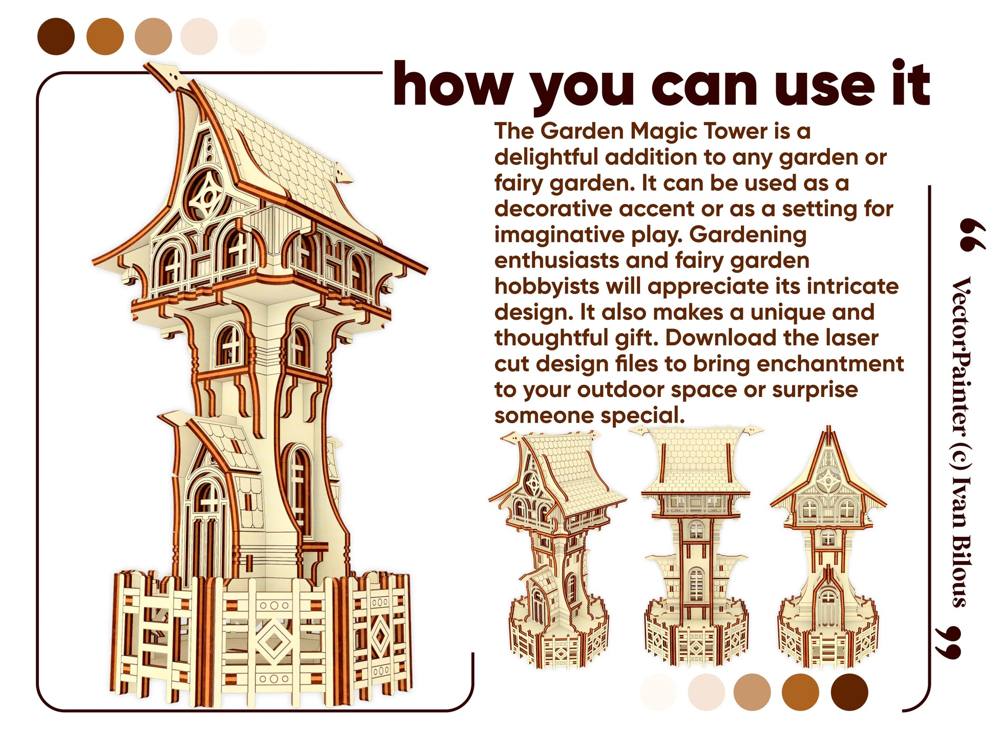 Laser cut plywood garden magic tower design with curved roof, layered windows, and small decorative fence.